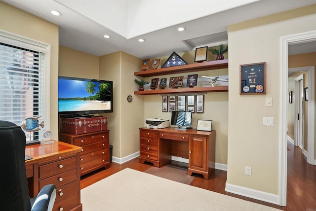 office space featuring recessed lighting, baseboards, and wood finished floors