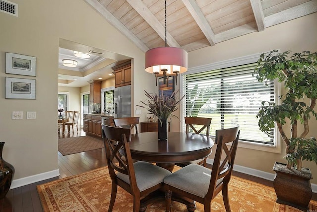 dining area with visible vents, wood ceiling, vaulted ceiling with beams, and light wood finished floors