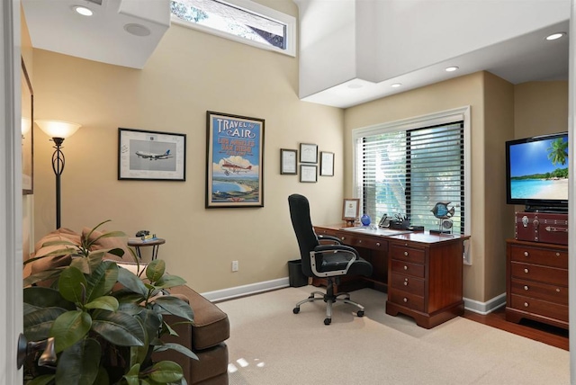 office with recessed lighting, baseboards, and carpet