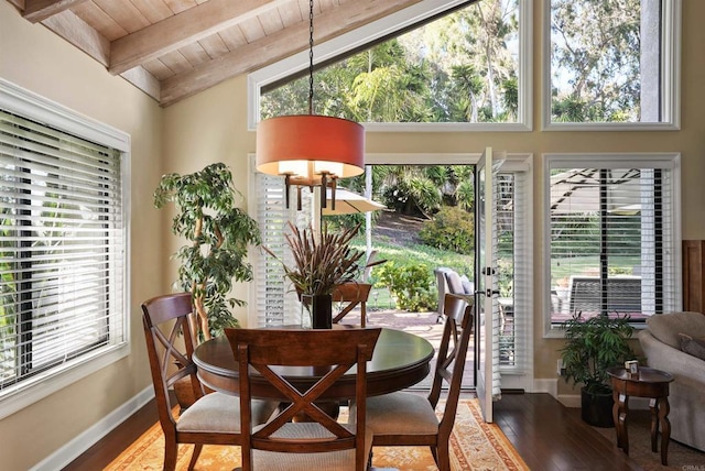 dining area with lofted ceiling with beams, baseboards, wood finished floors, and wooden ceiling