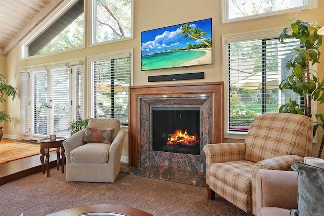 living area featuring a healthy amount of sunlight, high vaulted ceiling, baseboards, and a premium fireplace