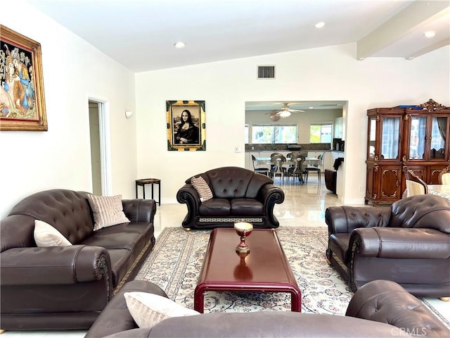 living area with vaulted ceiling, recessed lighting, a ceiling fan, and visible vents