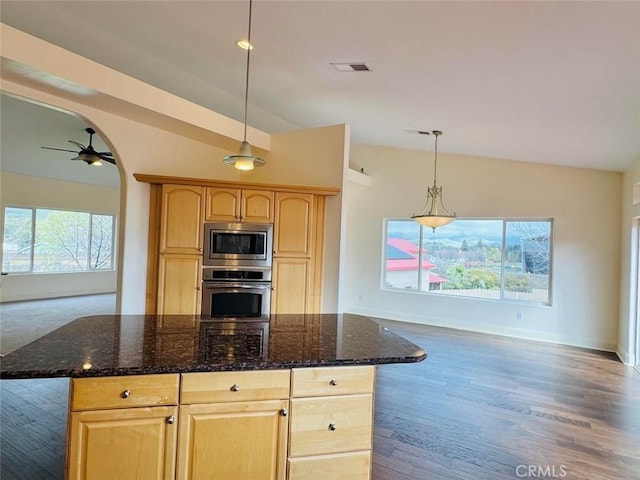 kitchen featuring vaulted ceiling, plenty of natural light, appliances with stainless steel finishes, and light brown cabinetry