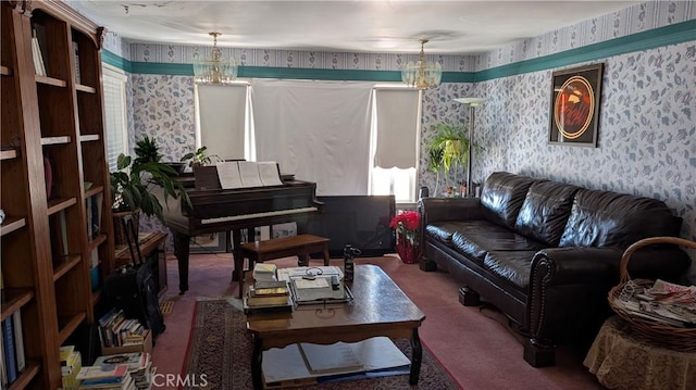living room featuring wallpapered walls and carpet