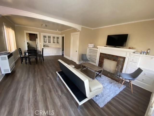 3030 W 12th Pl, Los Angeles, CA 90006 - living area with a fireplace with flush hearth, baseboards, dark wood-style floors, and ornamental molding