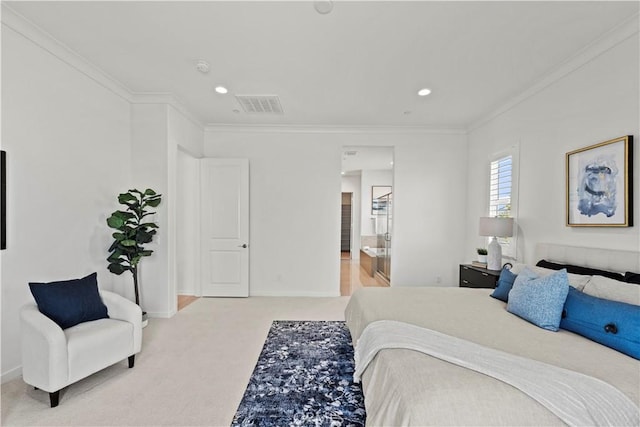 carpeted bedroom with baseboards, ornamental molding, and visible vents