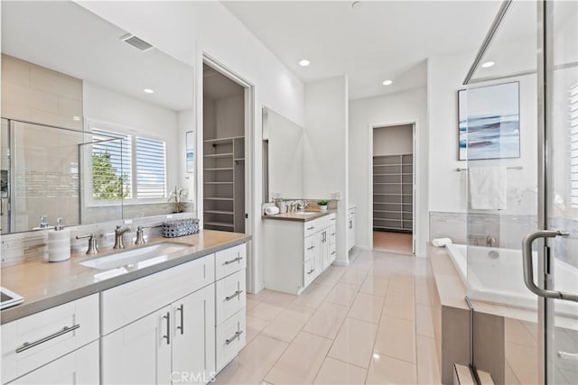 full bathroom featuring a sink, two vanities, a stall shower, and a bath
