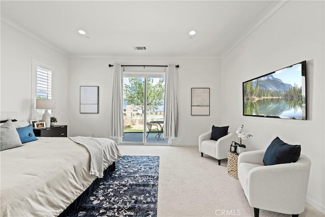 carpeted bedroom featuring crown molding, visible vents, and access to exterior