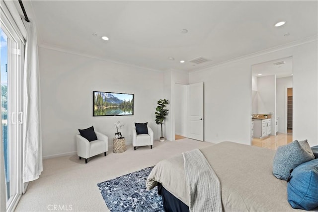 bedroom featuring ornamental molding and recessed lighting