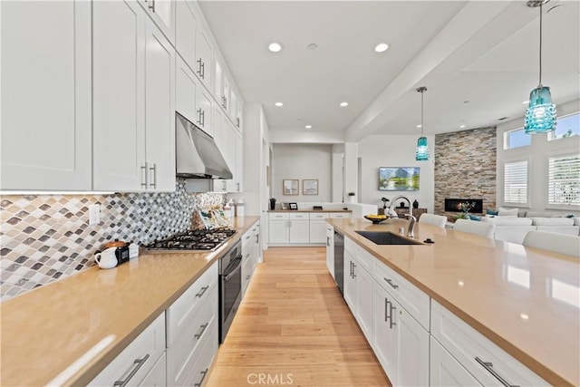 kitchen featuring a sink, appliances with stainless steel finishes, white cabinets, under cabinet range hood, and light wood-style floors