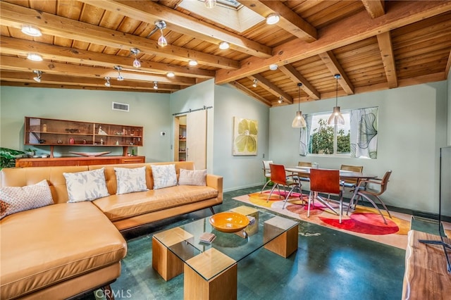 living area featuring visible vents, lofted ceiling with beams, rail lighting, wood ceiling, and a barn door