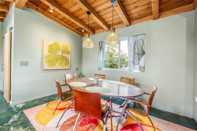 dining room with wooden ceiling, baseboards, concrete flooring, and lofted ceiling with beams