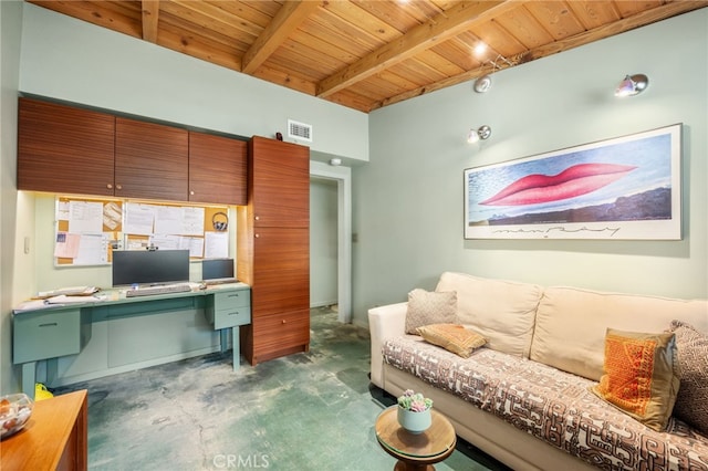 living room featuring beam ceiling, visible vents, carpet flooring, and wood ceiling