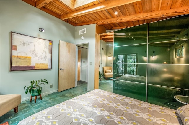 bedroom featuring wooden ceiling, lofted ceiling with beams, visible vents, and carpet floors