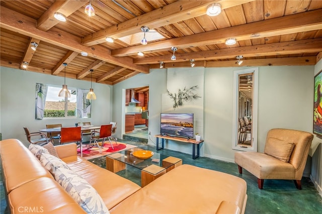 living area with track lighting, baseboards, carpet, lofted ceiling with beams, and wooden ceiling