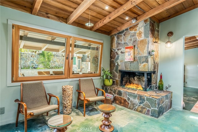 sitting room with lofted ceiling with beams, baseboards, wood ceiling, and a fireplace