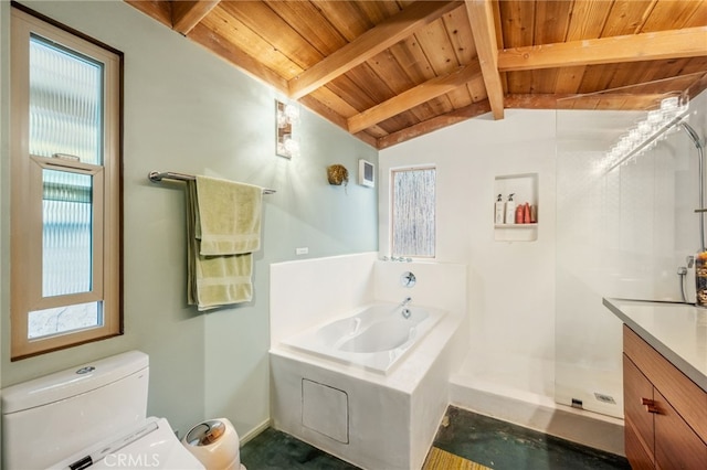 bathroom with a bath, vaulted ceiling with beams, a shower stall, wood ceiling, and toilet