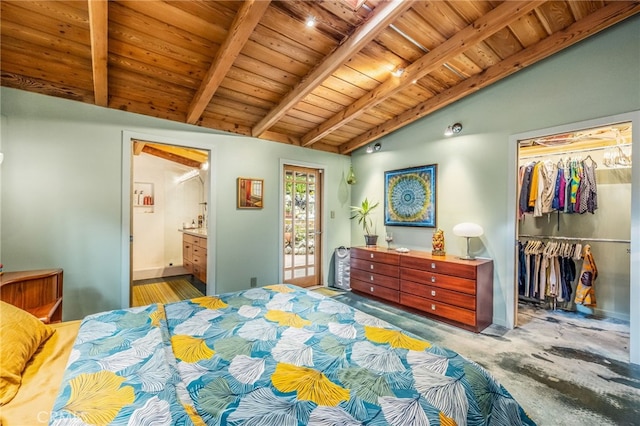 bedroom featuring lofted ceiling with beams, a spacious closet, wood ceiling, and a closet
