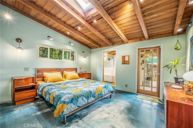bedroom featuring access to exterior, vaulted ceiling with skylight, multiple windows, and wooden ceiling