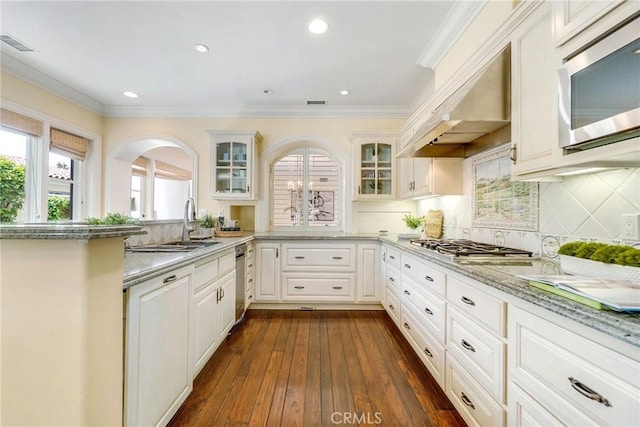 129 Via Waziers, Newport Beach, CA 92663 - kitchen with appliances with stainless steel finishes, glass insert cabinets, custom exhaust hood, dark wood-style flooring, and decorative backsplash