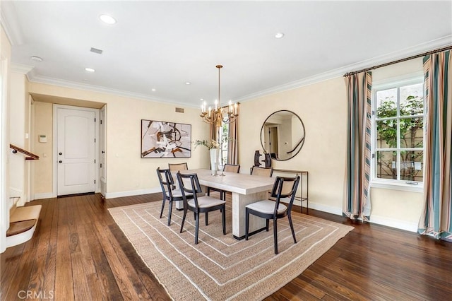 129 Via Waziers, Newport Beach, CA 92663 - dining space featuring baseboards, a chandelier, dark wood-style flooring, ornamental molding, and recessed lighting