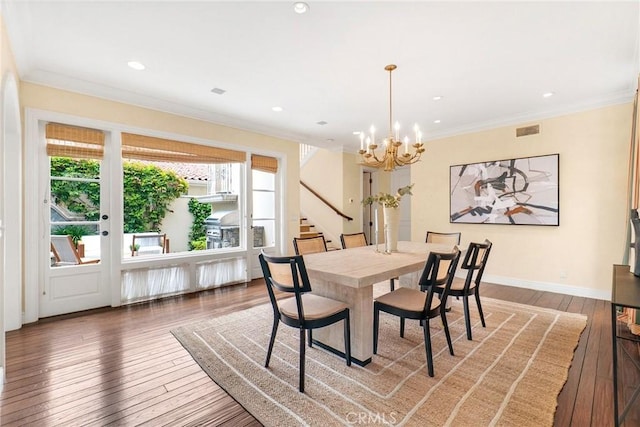 129 Via Waziers, Newport Beach, CA 92663 - dining space with a chandelier, wood-type flooring, stairs, crown molding, and recessed lighting