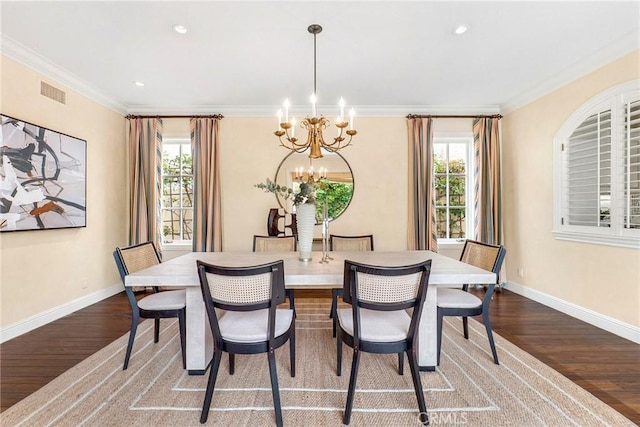 129 Via Waziers, Newport Beach, CA 92663 - dining room with a chandelier, wood finished floors, crown molding, baseboards, and recessed lighting