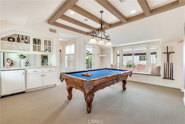 129 Via Waziers, Newport Beach, CA 92663 - recreation room featuring light colored carpet, pool table, beamed ceiling, bar, and recessed lighting