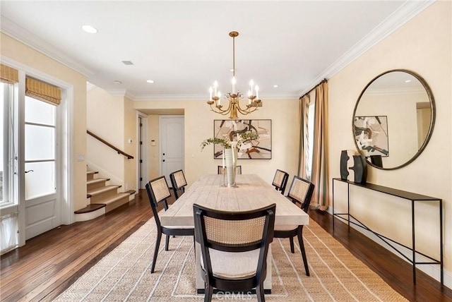 129 Via Waziers, Newport Beach, CA 92663 - dining room featuring light wood-style flooring, stairs, a chandelier, recessed lighting, and crown molding