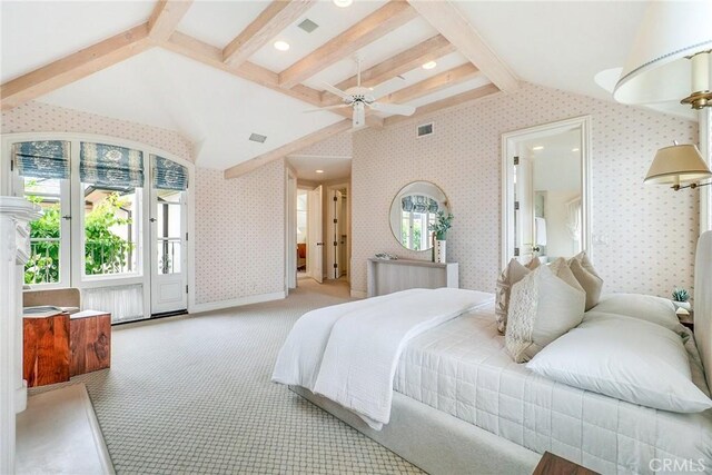 129 Via Waziers, Newport Beach, CA 92663 - bedroom with carpet, wallpapered walls, a ceiling fan, and access to outside