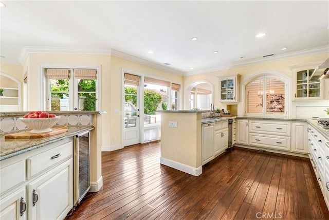 129 Via Waziers, Newport Beach, CA 92663 - kitchen featuring beverage cooler, dark wood finished floors, a sink, glass insert cabinets, and crown molding