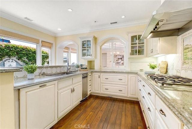 129 Via Waziers, Newport Beach, CA 92663 - kitchen with range hood, plenty of natural light, stainless steel gas cooktop, a sink, and ornamental molding