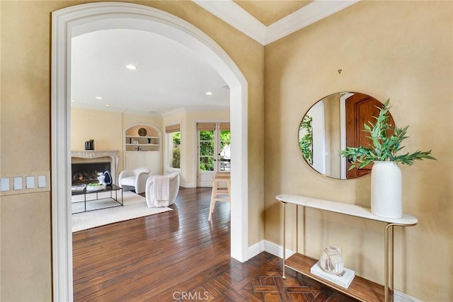 129 Via Waziers, Newport Beach, CA 92663 - foyer with arched walkways, baseboards, ornamental molding, recessed lighting, and parquet flooring