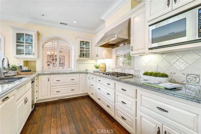 129 Via Waziers, Newport Beach, CA 92663 - kitchen featuring appliances with stainless steel finishes, range hood, a sink, dark wood-type flooring, and light stone counters