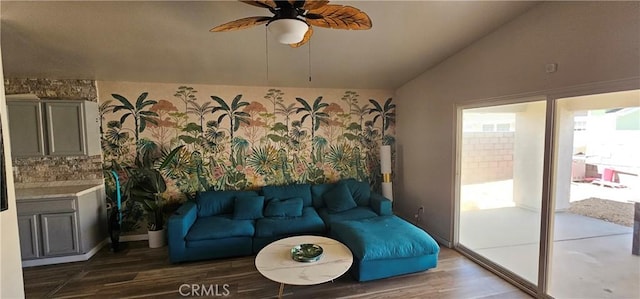 15781 Coral St, Palm Springs, CA 92262 - living room with vaulted ceiling, wood finished floors, and a ceiling fan