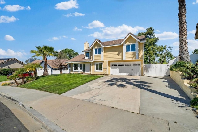 view of front of property featuring fence, a front lawn, a garage, a chimney, and concrete driveway