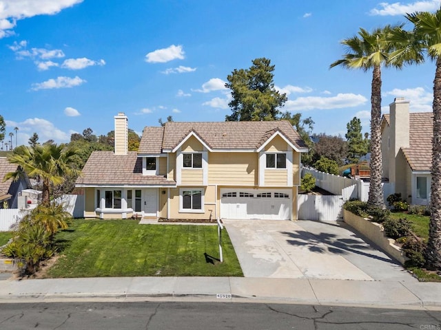 41910 Humber Dr, Temecula, CA 92591 - traditional home with concrete driveway, an attached garage, stucco siding, and a chimney