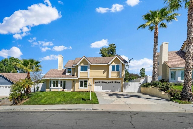 41910 Humber Dr, Temecula, CA 92591 - traditional home with concrete driveway, an attached garage, and a chimney