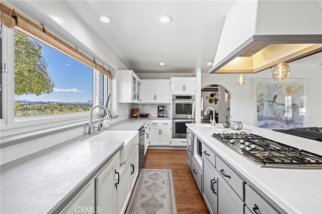 kitchen with a sink, light countertops, recessed lighting, stainless steel appliances, and custom range hood