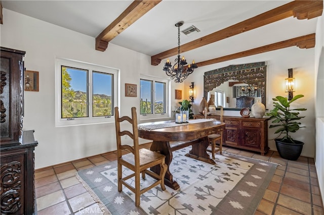 dining room featuring an inviting chandelier, light tile patterned floors, visible vents, baseboards, and beam ceiling