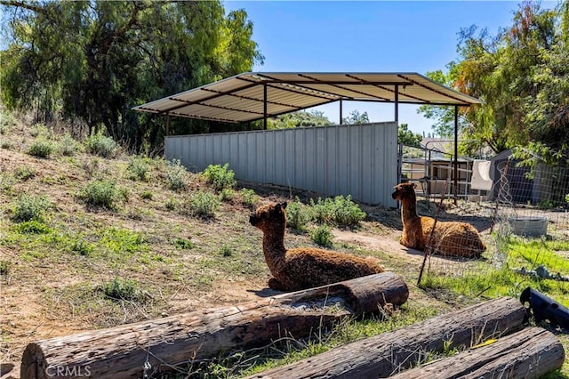 view of yard with a detached carport and an outbuilding