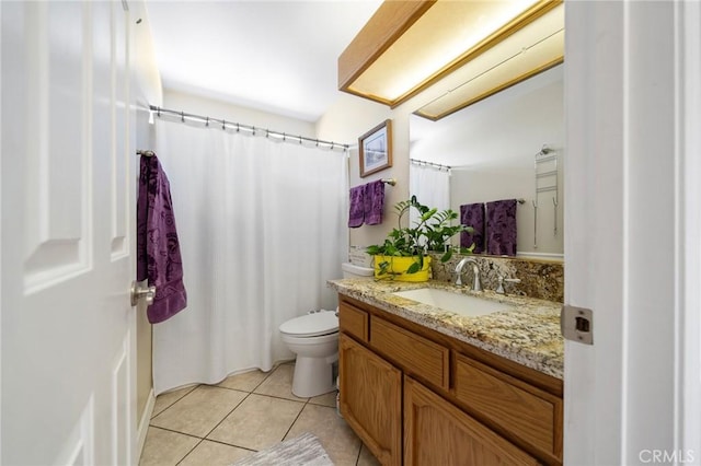 full bathroom with tile patterned flooring, a shower with curtain, toilet, and vanity