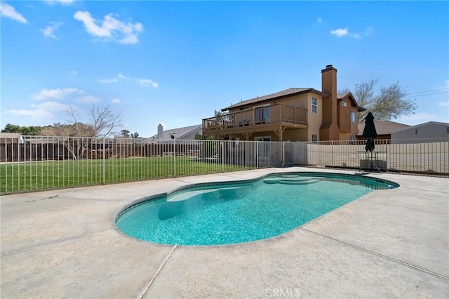 view of pool with a fenced in pool, a patio, and fence