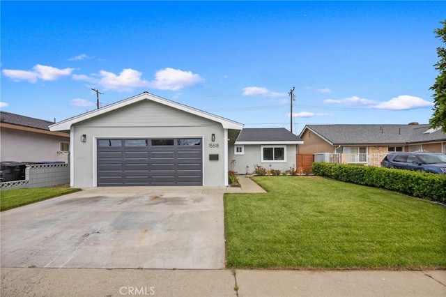 single story home with a garage, a front lawn, stucco siding, and driveway