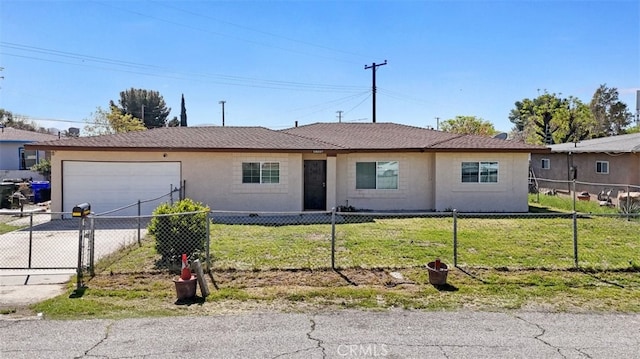 single story home with a fenced front yard, driveway, and a front yard