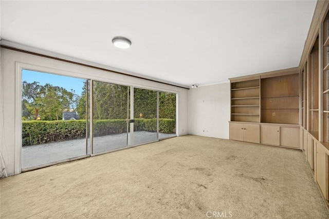 unfurnished living room with light colored carpet