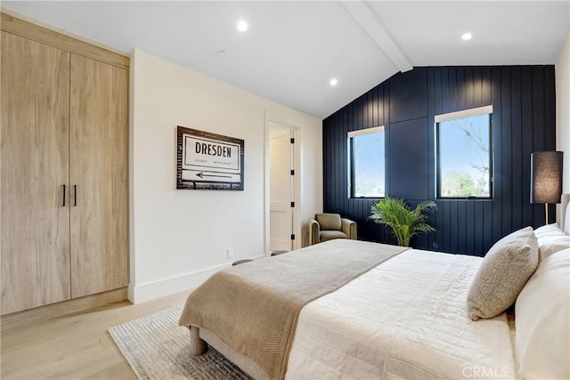 4949 Petit Ave, Encino, CA 91436 - bedroom featuring lofted ceiling with beams, recessed lighting, light wood-style floors, and baseboards