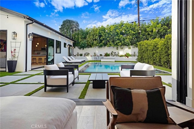 4949 Petit Ave, Encino, CA 91436 - view of swimming pool featuring a fenced in pool, an outdoor hangout area, a patio, and fence