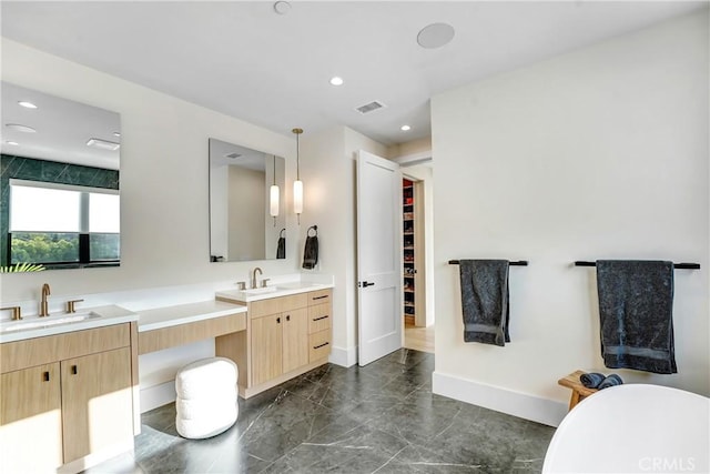 4949 Petit Ave, Encino, CA 91436 - full bathroom with a sink, visible vents, a freestanding bath, and double vanity