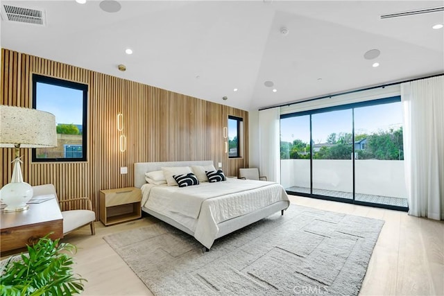 4949 Petit Ave, Encino, CA 91436 - bedroom with access to exterior, visible vents, light wood finished floors, vaulted ceiling, and recessed lighting